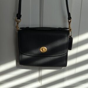 Coach Kip Turnlock Black Leather Crossbody Bag with Gold Accents
